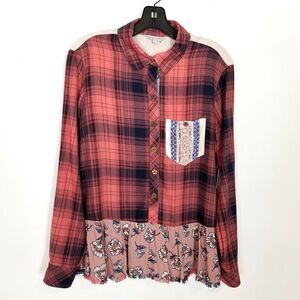 John‎ Mark Button Up Shirt Womens Sz S Plaid Embroidered Ruffle Hem Relaxed Boho